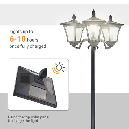 Outsunny 1.8m Traditional Victorian Style 3 Way Head Outdoor Garden Solar Post Lamp Sensor Dimmable LED Lantern Bollard Pathway IP44 – Black 
