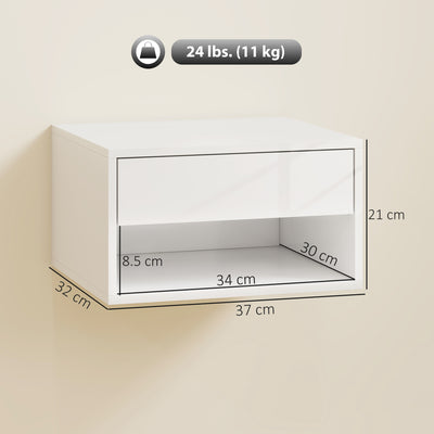 HOMCOM Set of Two Floating Bedside Tables, Wall Mounted Nightstand with Drawer and Open Shelf, High Gloss White 
