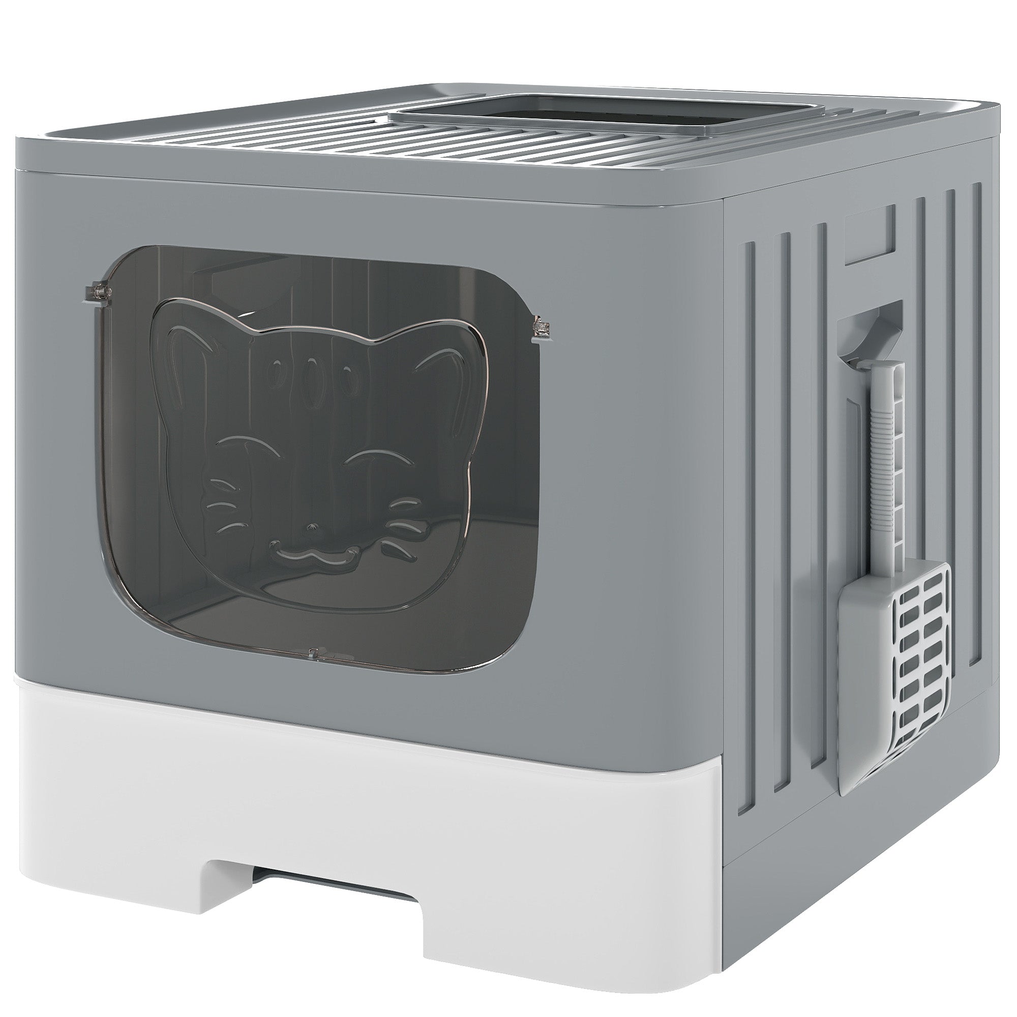 PawHut Cat Litter Box with Lid, Slide-Out Drawer, Scoop, Easy Clean, Odour Control, Anti-Splashing, Grey 