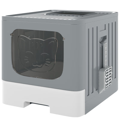 PawHut Cat Litter Box with Lid, Slide-Out Drawer, Scoop, Easy Clean, Odour Control, Anti-Splashing, Grey 