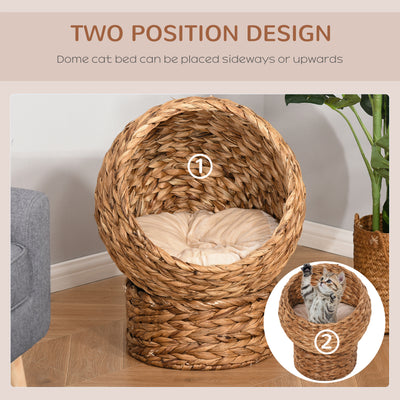 PawHut Wicker Cat Bed, Raised Rattan Cat Basket with Cylindrical Base, Soft Washable Cushion, 42 x 33 x 52cm - Brown 