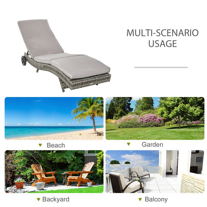 Outsunny Patio Wicker Chaise Lounge Chair, Outdoor PE Rattan Sun Lounger with Adjustable Backrest and 2 Wheels, Grey 