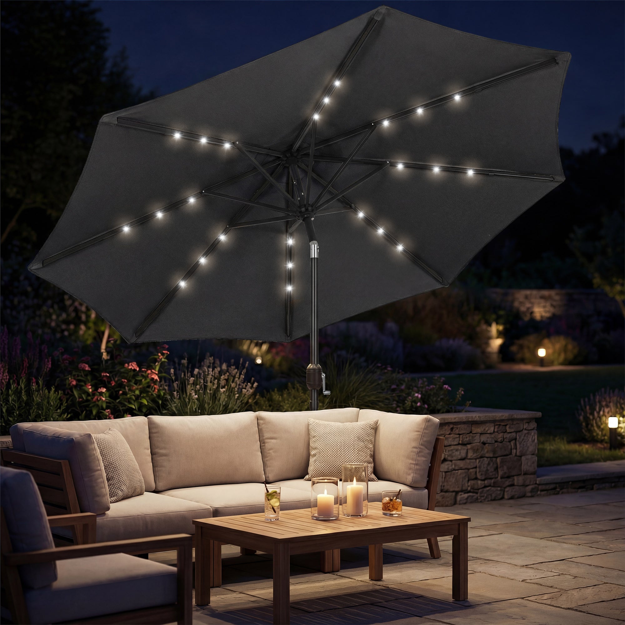 Outsunny 2.6 m Garden Parasol Umbrella with LED Solar Light, Parasol Cover, Outdoor Market Patio Umbrella, Black 