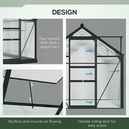 Outsunny 6 x 6ft Polycarbonate Greenhouse, Large Walk-In Green House with Slide Door and Window, Garden Plants Grow House with Aluminium Frame and Foundation, Grey 