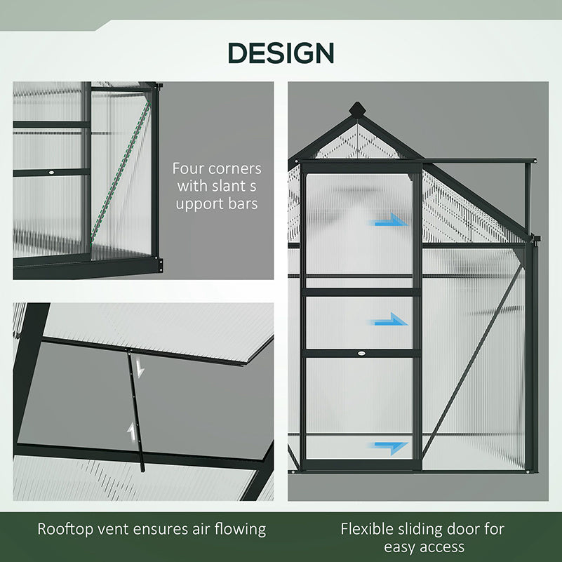 Outsunny 6 x 6ft Polycarbonate Greenhouse, Large Walk-In Green House with Slide Door and Window, Garden Plants Grow House with Aluminium Frame and Foundation, Grey 