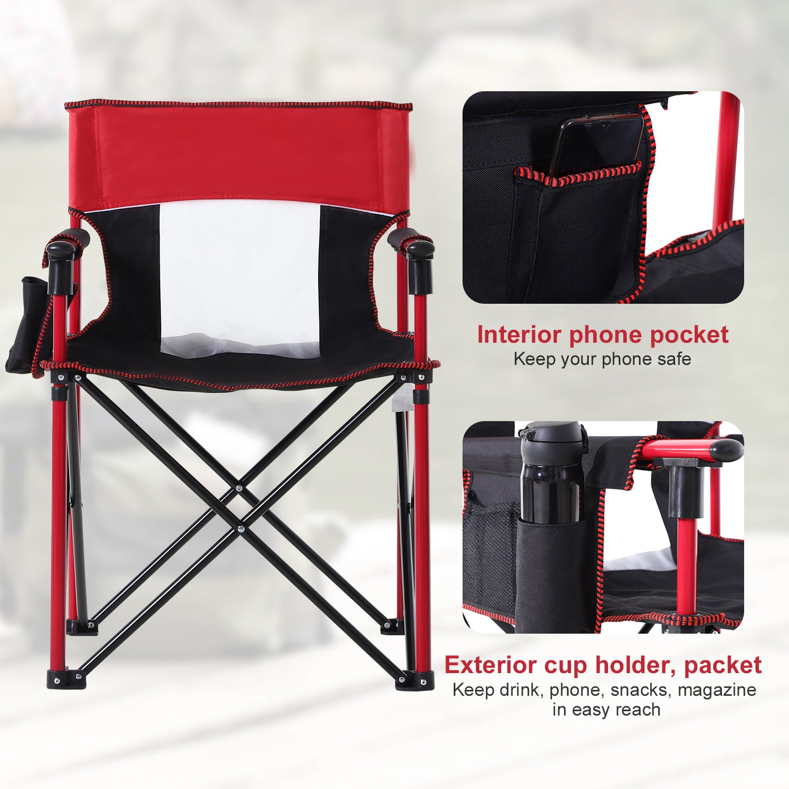 Outsunny Folding Fishing Camping Chair Portable Picnic Armchair Director Seat Oxford Metal Frame with Cup Holder, Phone Pocket - Red 