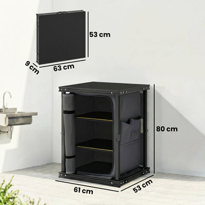 Outsunny Camping Camping Cupboards, Folding Portable Kitchen Table with 3-Tier Storage, Black 