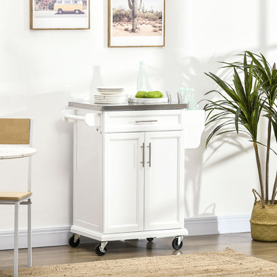 HOMCOM Wooden Kitchen Island on Wheels, Serving Cart Storage Trolley with Stainless Steel Top, Drawer, Side Handle and Rack, White 