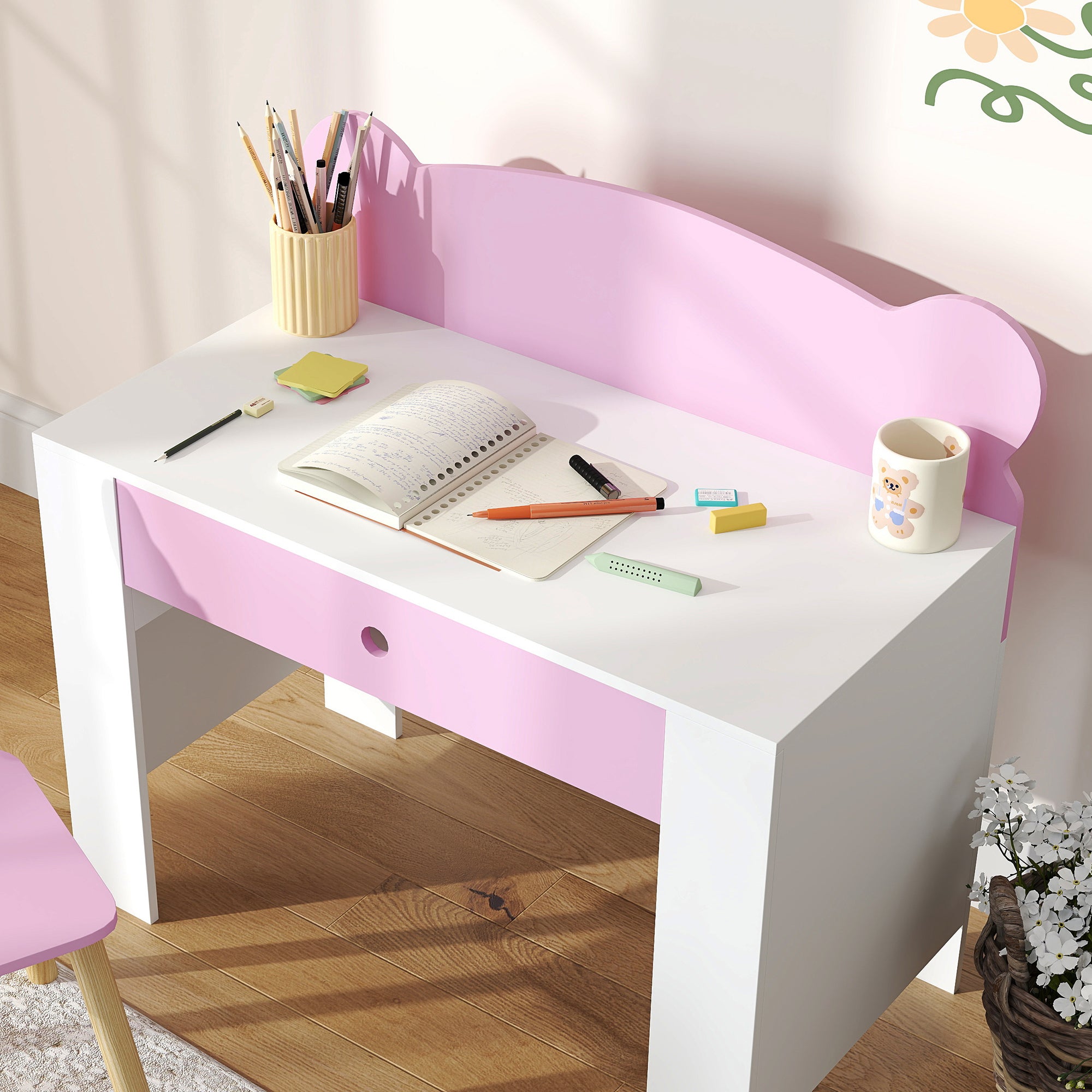 AIYAPLAY Kids Desk and Chair Set with Drawer for Drawing, Reading, Bear Theme Children Furniture for Bedroom, Daycare, Pink 