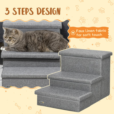 PawHut 3 Steps Pet Stairs, with Storage Boxes, for Bed, Couches - Grey 