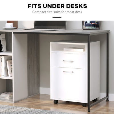 HOMCOM 60cm Filing Cabinet with Drawer, Open Shelf, Metal Handles and 4 Wheels, Office Home Organiser Mobile Printer, White 