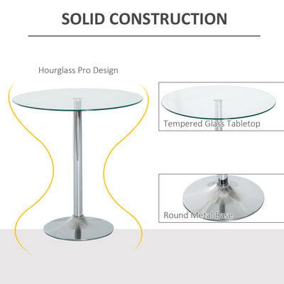 HOMCOM Round Dining Table, Modern Dining Room Table with Tempered Glass Top, Steel Base, Space Saving Small Bar Table 
