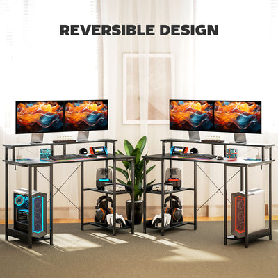 HOMCOM Computer Desk with Power Outlets and LED Lights, 120 x 50cm Reversible Home Office Desk with Monitor Stand and 2-Tier Storage Shelves, Gaming Desk with Cable Management, Black 