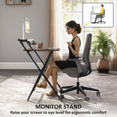 HOMCOM 70 cm Folding Computer Desk with Monitor Shelf - Rustic Brown 
