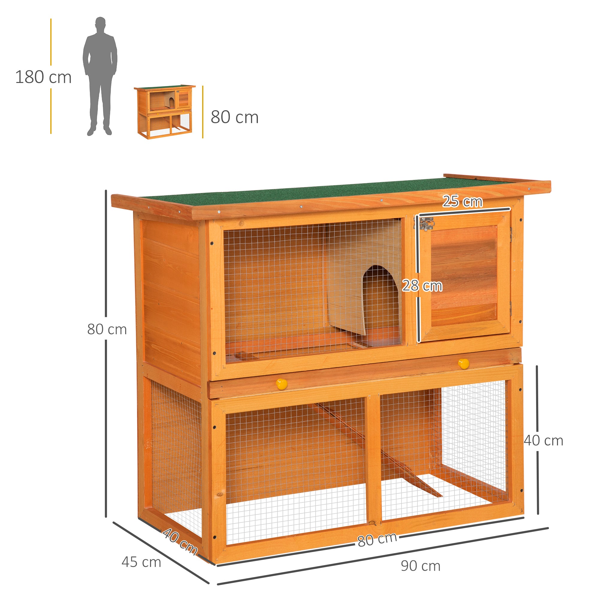 PawHut Rabbit Hutch Outdoor Guinea Pig Hutch Wooden Pet Cage Run 2-Tier with Opening Top, 90 x 45 x 80cm 
