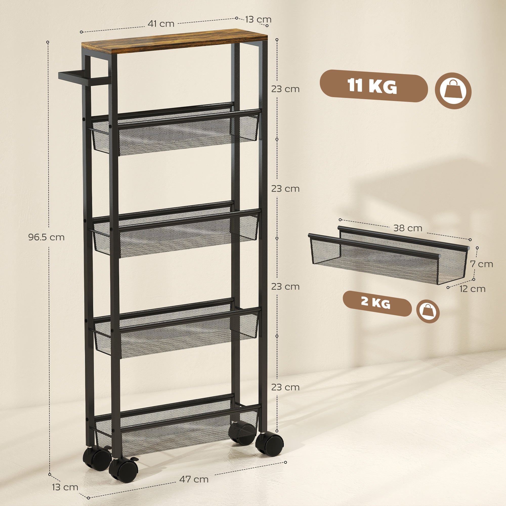 HOMCOM Slim Storage Trolley, 5-Tier Kitchen Cart on Wheels with Wood-effect Top, Handle for Living Room, Bathroom, Black 
