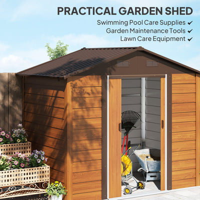 Outsunny 8 x 6ft Garden Storage Shed with Sliding Door - Brown Wood Effect 