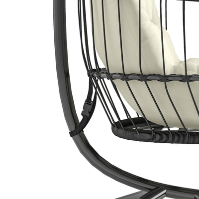 Outsunny Hanging Egg Chair, Indoor Outdoor Hammock Swing Chair with Stand, Safety Strap, Foldable Basket, Black/Cream White