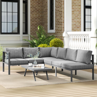Outsunny 3 Pieces Garden Furniture Set, Aluminium Corner Lounge Set with Adjustable Backrest and Coffee Table 