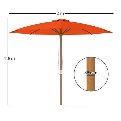 Outsunny 3m Wood Pole Parasol Umbrella - Orange 