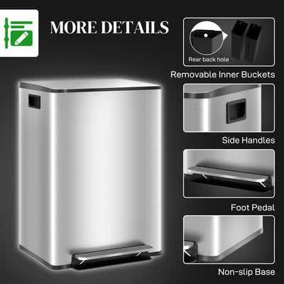HOMCOM 60L Dual Compartment Stainless Steel Bin, with Deodoriser Holders - Silver Tone 