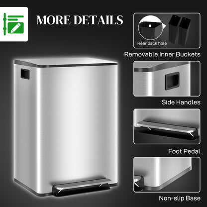 HOMCOM 60L Dual Compartment Stainless Steel Bin, with Deodoriser Holders - Silver Tone