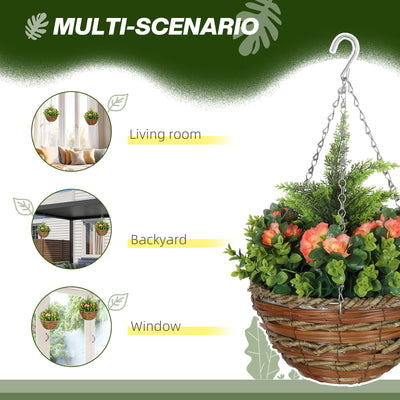 Outsunny Pack of 2 Faux Plant Artificial Lisianthus Flowers Hanging Planter with Basket for Indoor Outdoor Decoration, Orange 