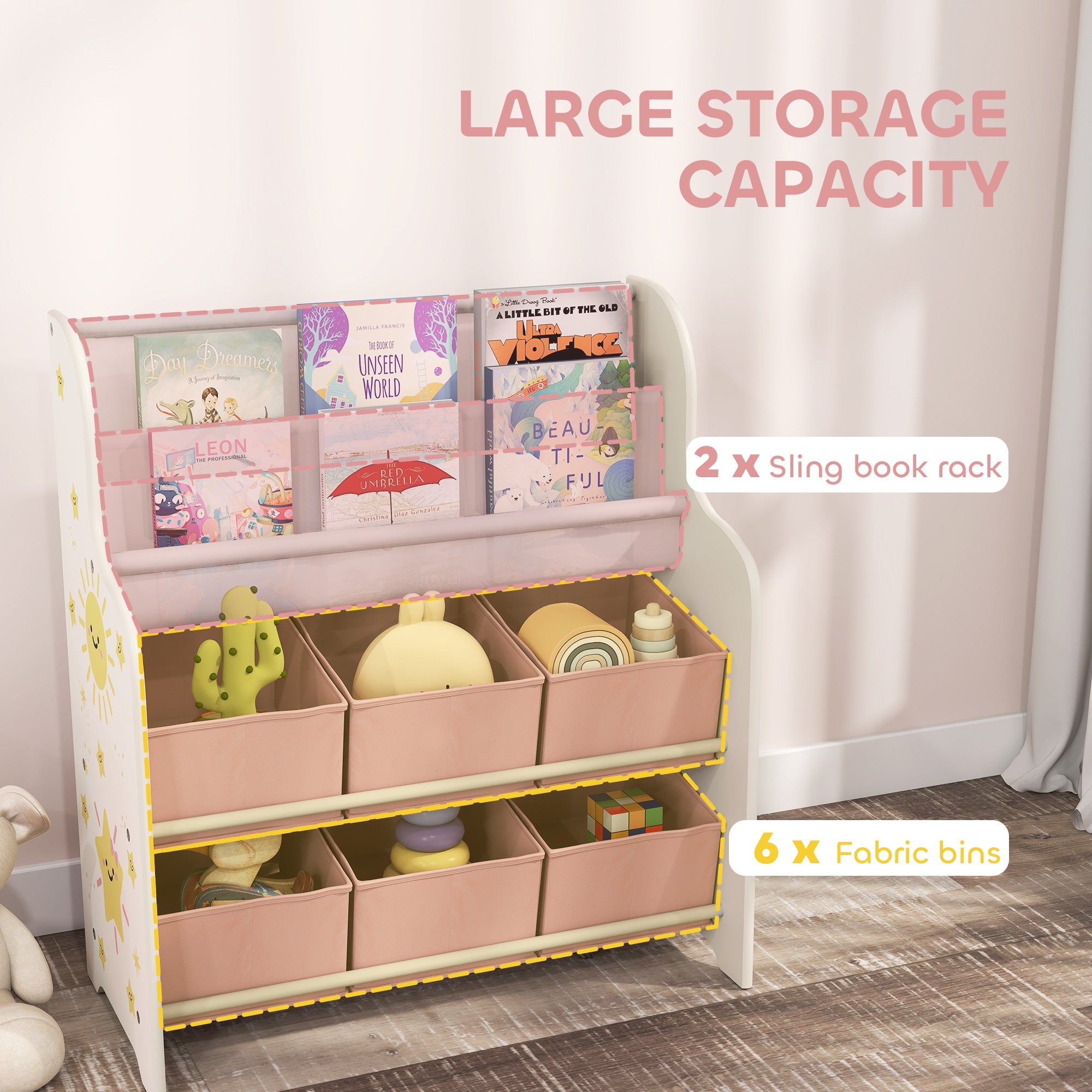 AIYAPLAY Kids Storage Unit, Toy Organiser with 6 Fabric Drawers and 2-Tier Sling Book Rack for Bedroom, Playroom, Nursery, Pink 