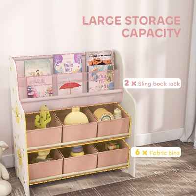 AIYAPLAY Kids Storage Unit, Toy Organiser with 6 Fabric Drawers and 2-Tier Sling Book Rack for Bedroom, Playroom, Nursery, Pink 