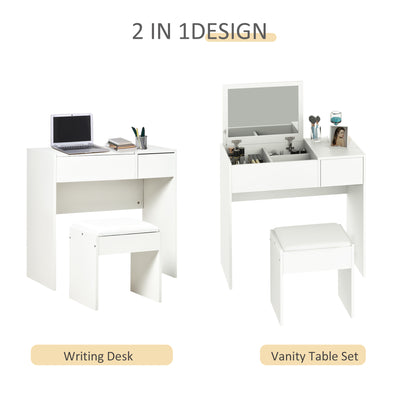 HOMCOM Makeup Desk with Drawer, Vanity Table Set with Flip-up Mirror and Cushioned Stool, White 