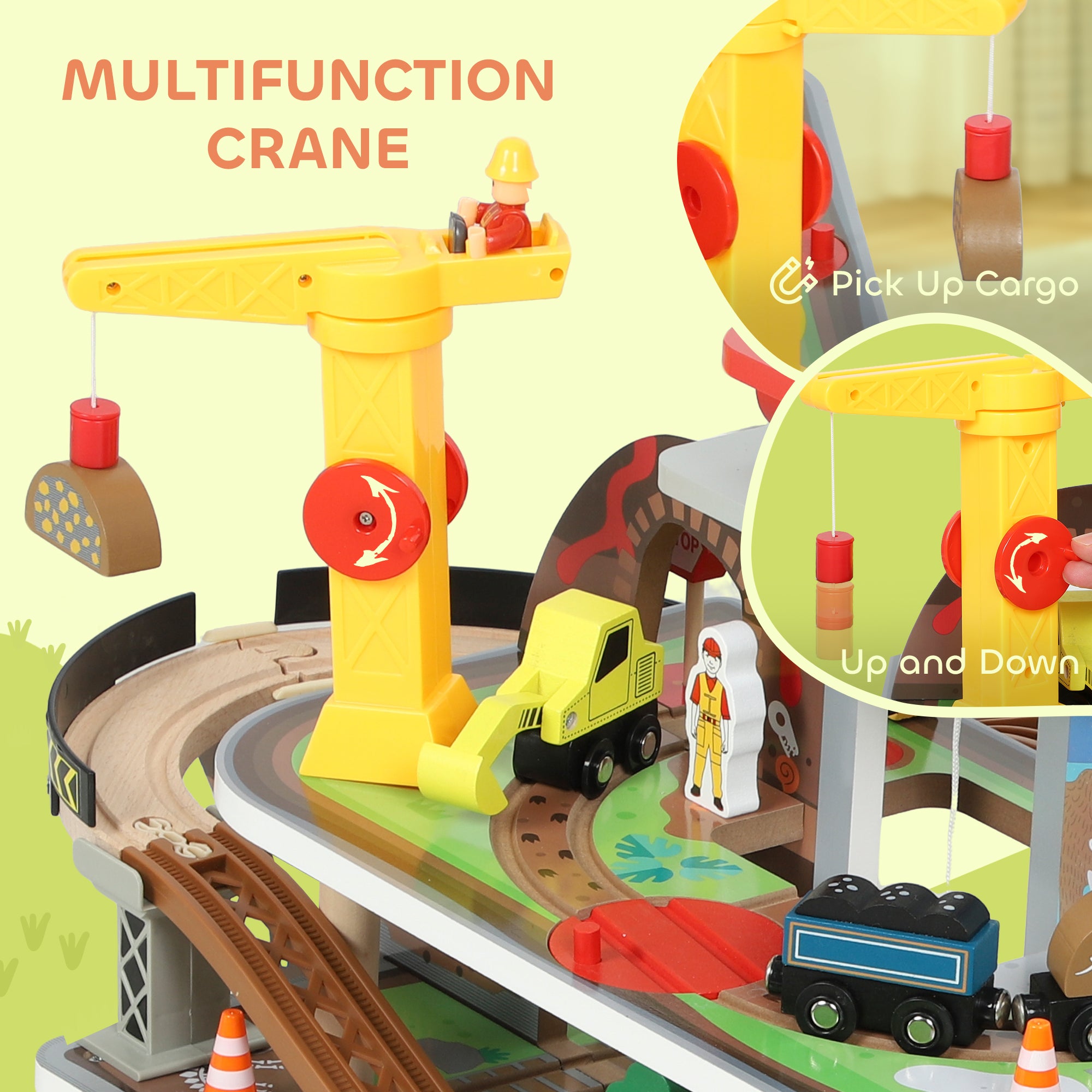 AIYAPLAY 79 Piece Wooden Train Set, Kids Train Track Mine Themed with Crane, Helicopter 