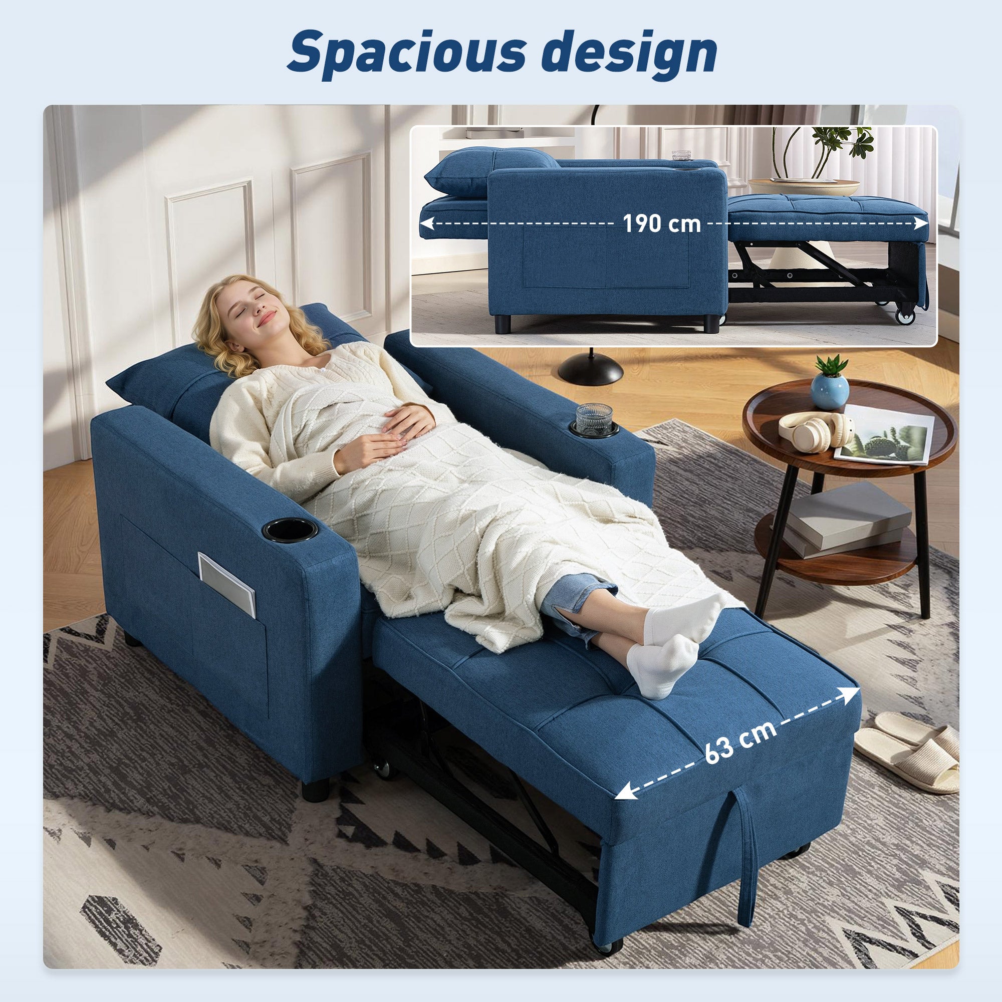 HOMCOM 3-in-1 Single Sofa Bed, Convertible Sleeper Chair Bed with 3-level Adjustable Back - Dark Blue 