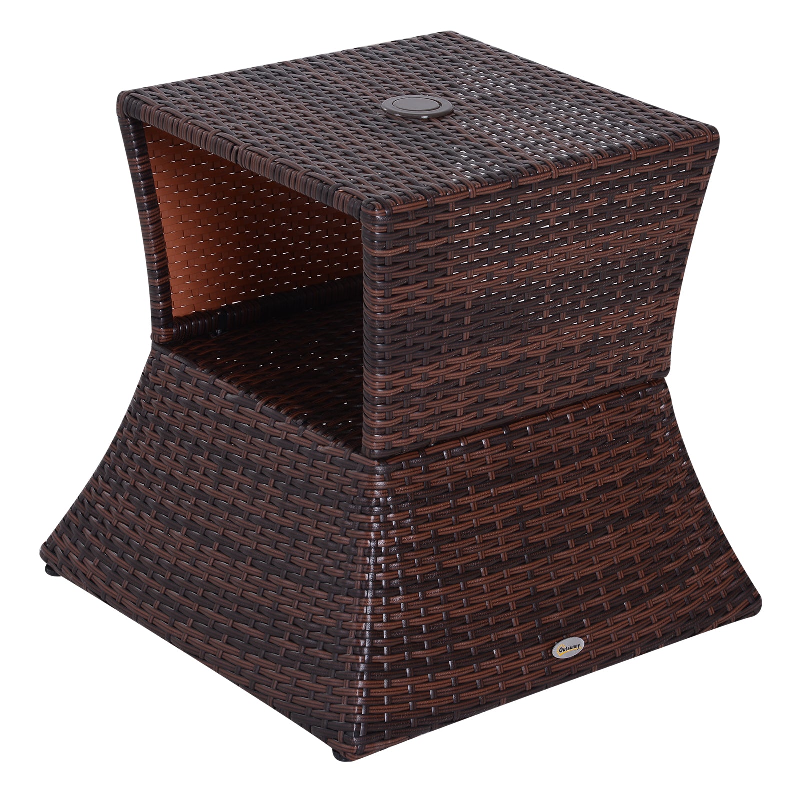 Outsunny Rattan Outdoor Coffee Table, Wicker Garden Patio Bistro Side Table with Umbrella Hole and Storage Space for Balcony, Porch, Brown 