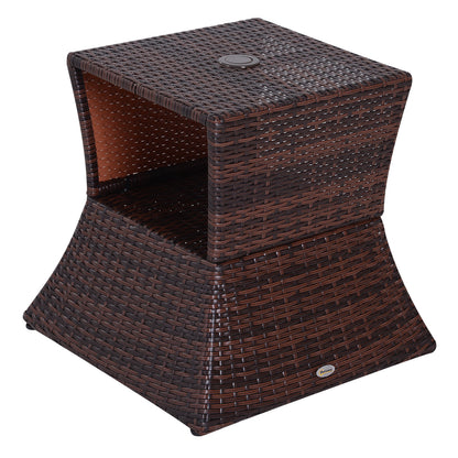 Outsunny Rattan Outdoor Coffee Table, Wicker Garden Patio Bistro Side Table with Umbrella Hole and Storage Space for Balcony, Porch, Brown 