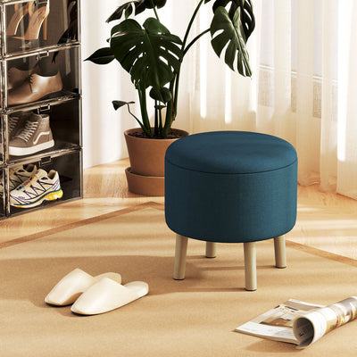 HOMCOM Round Linen-Look Storage Ottoman - Blue 