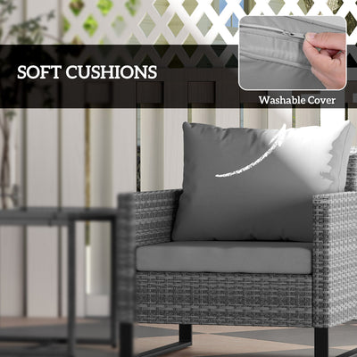 Outsunny 3 Pieces Rattan Bistro Set with 4 Cushions, Wicker Garden Furniture Set, Glass Top Coffee Table and Chairs for Outdoor Patio, Balcony, Terrace and Conservatory, Grey 
