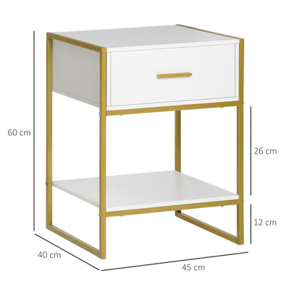 HOMCOM Modern Bedside Table, Nightstand with Drawer Shelf, Side Table for Living room, Bedroom White and Gold, Set of 2 