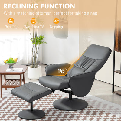 HOMCOM Swivel Recliner Chair with Footstool, PU Leather Armchair and Ottoman with High Back and Round Base for Living Room, Grey 