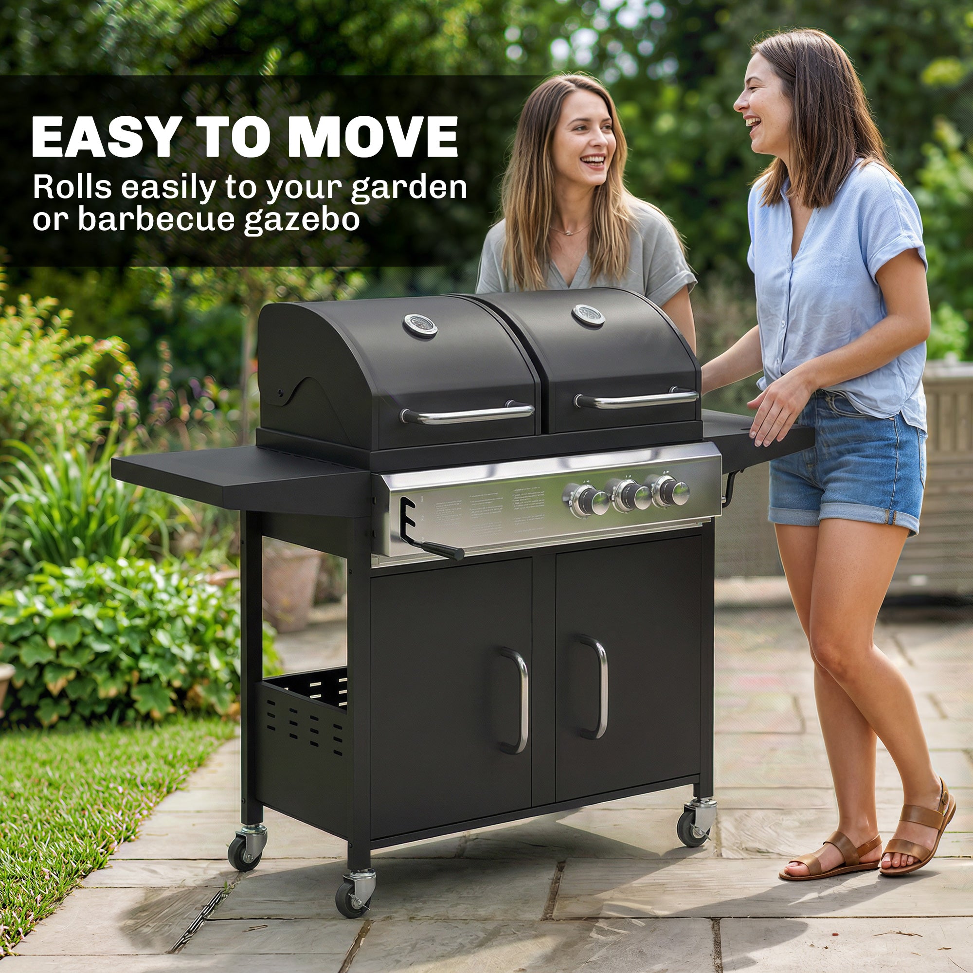Outsunny 2+1 Burner Hybrid Dual Fuel BBQ Gas Grill, 2-in-1 Propane & Charcoal Barbecue Grill Smoker Combo with Wheels, Black 