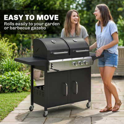 Outsunny 2+1 Burner Hybrid Dual Fuel BBQ Gas Grill, 2-in-1 Propane & Charcoal Barbecue Grill Smoker Combo with Wheels, Black 