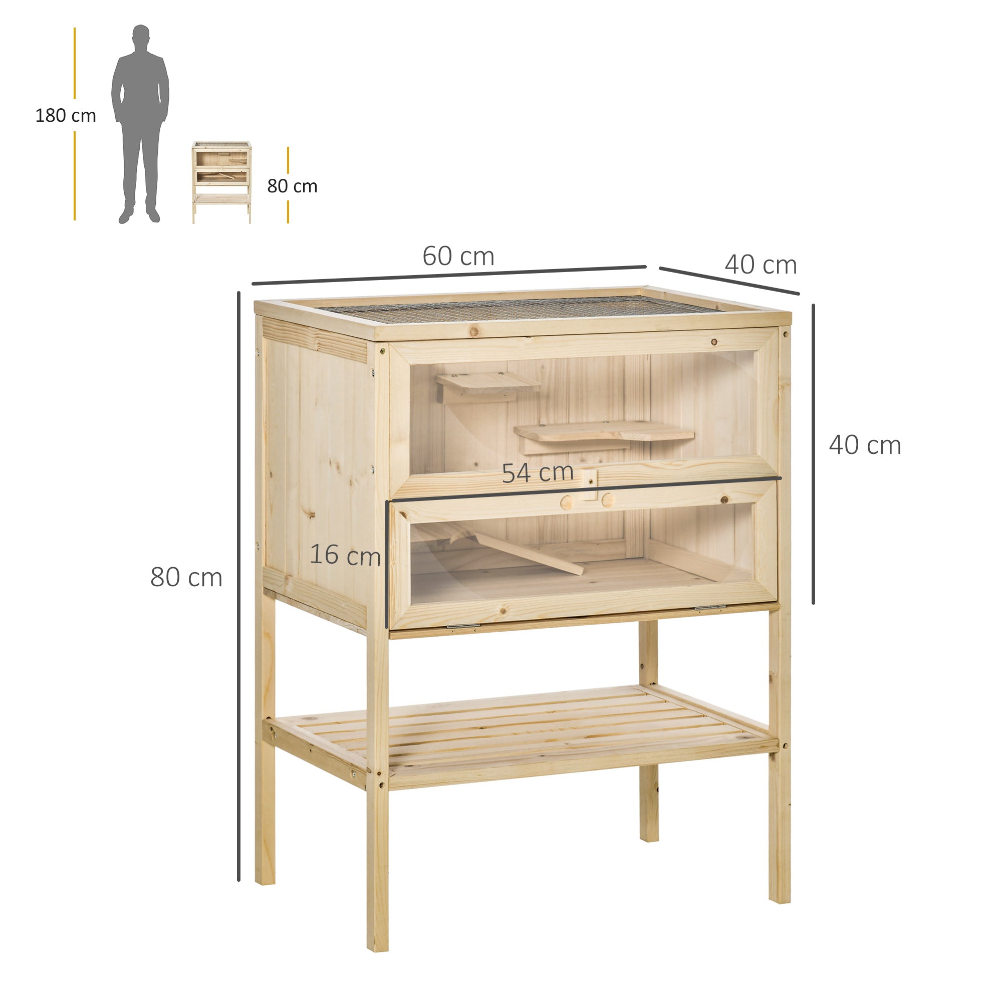 PawHut Wooden Hamster Cage with Storage Shelf, Small Animal Exercise Play House with Openable Top, for Hamsters, Gerbils, 60 x 40 x 80 cm - Natural 