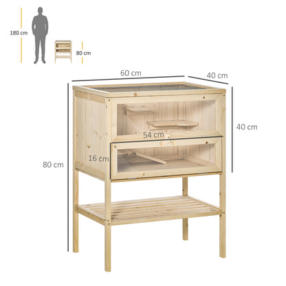 PawHut Wooden Hamster Cage with Storage Shelf, Small Animal Exercise Play House with Openable Top, for Hamsters, Gerbils, 60 x 40 x 80 cm - Natural 