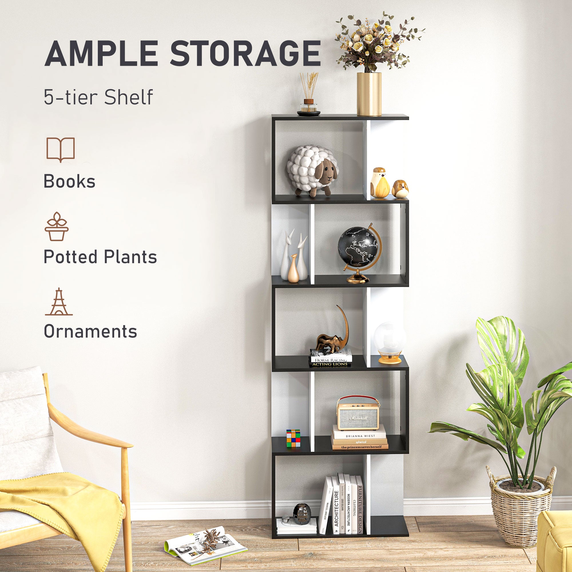 HOMCOM 5-tier Bookcase Storage Display Shelving S Shape design Unit Divider Black 