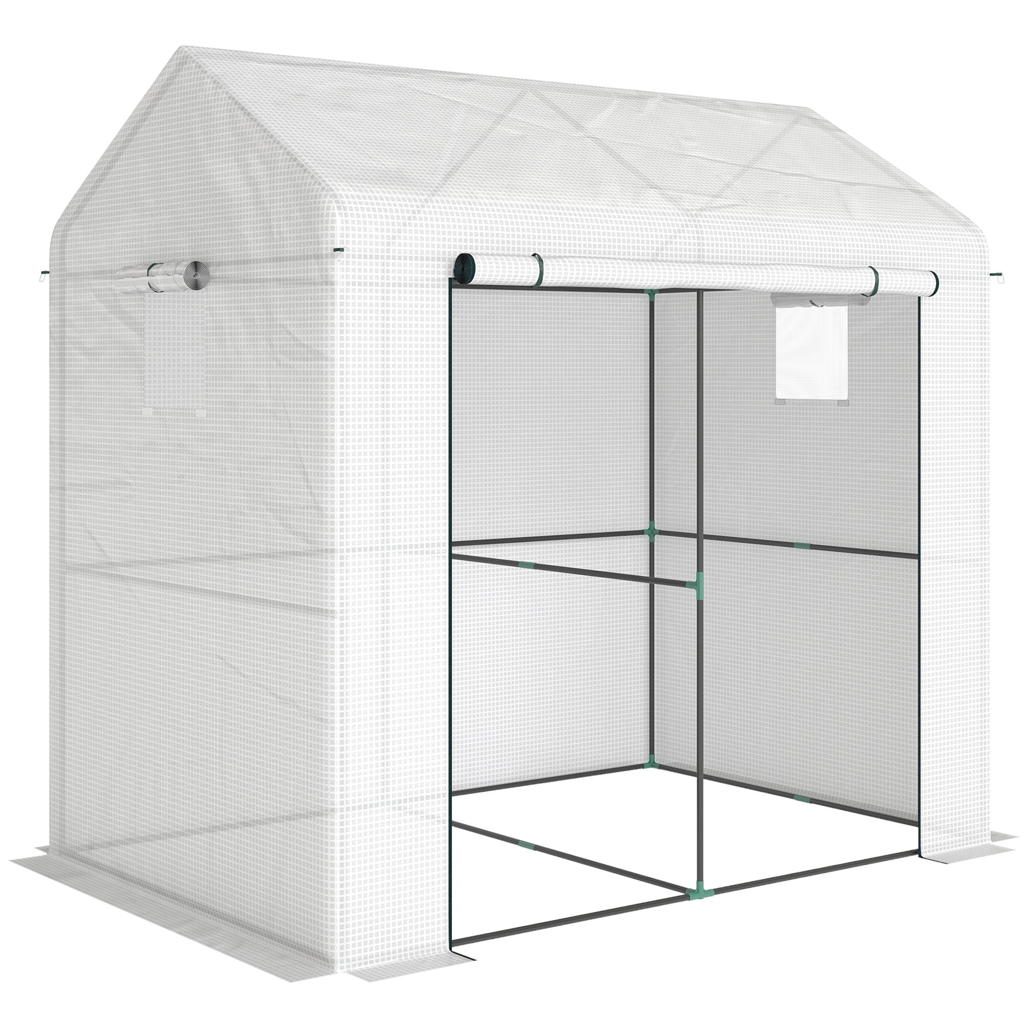 Outsunny Walk-in Greenhouse, Outdoor Tomato Greenhouse with Roll-up Door and Mesh Windows, PE Cover, 200 x 140 x 200cm, White 