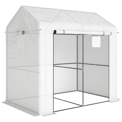 Outsunny Walk-in Greenhouse, Outdoor Tomato Greenhouse with Roll-up Door and Mesh Windows, PE Cover, 200 x 140 x 200cm, White 