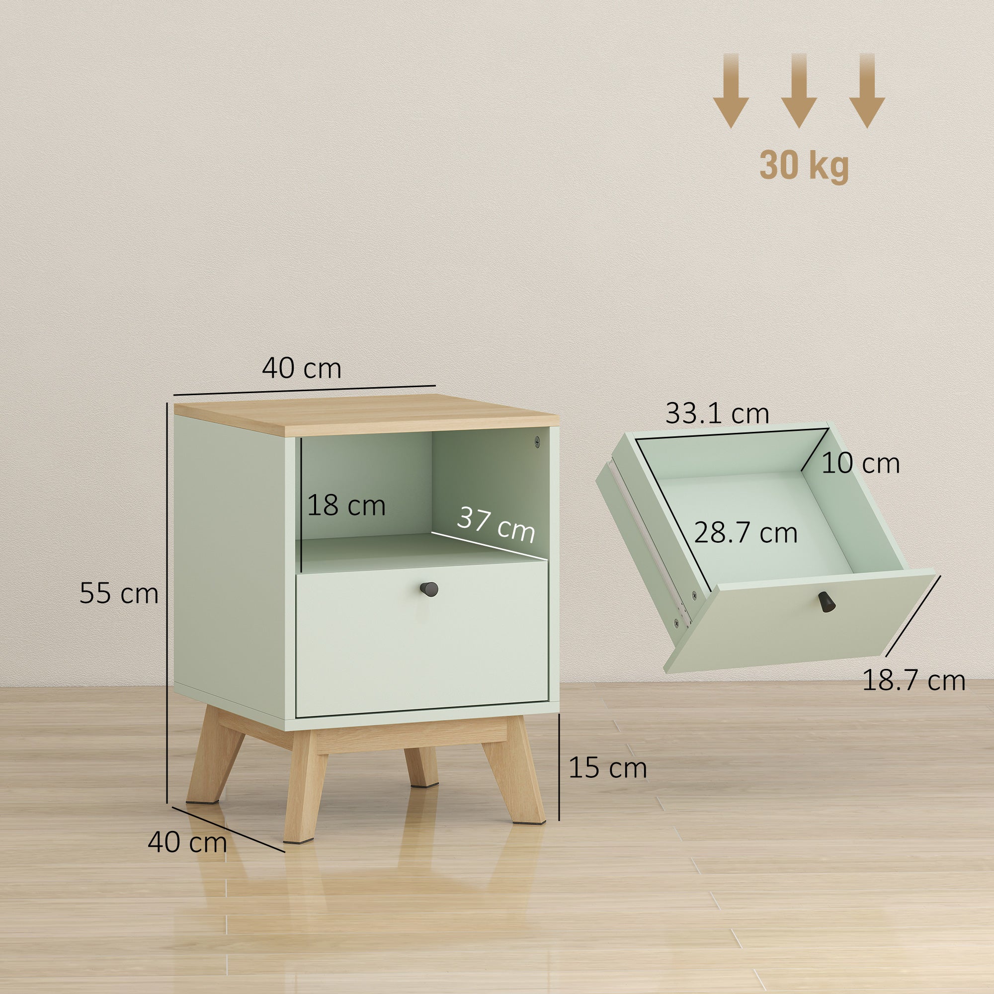 HOMCOM Modern Nightstand Set of 2, Bedside Table with Drawer and Open Shelf, Side End Table for Bedroom, Light Green 