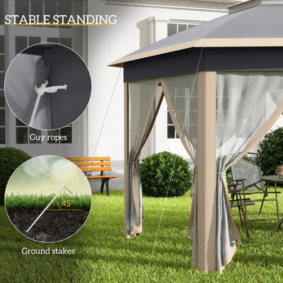 Outsunny Hexagon Pop Up Gazebo Outdoor Patio Gazebo Double Roof Instant Shelter with Netting, 3 x 4m, Khaki 