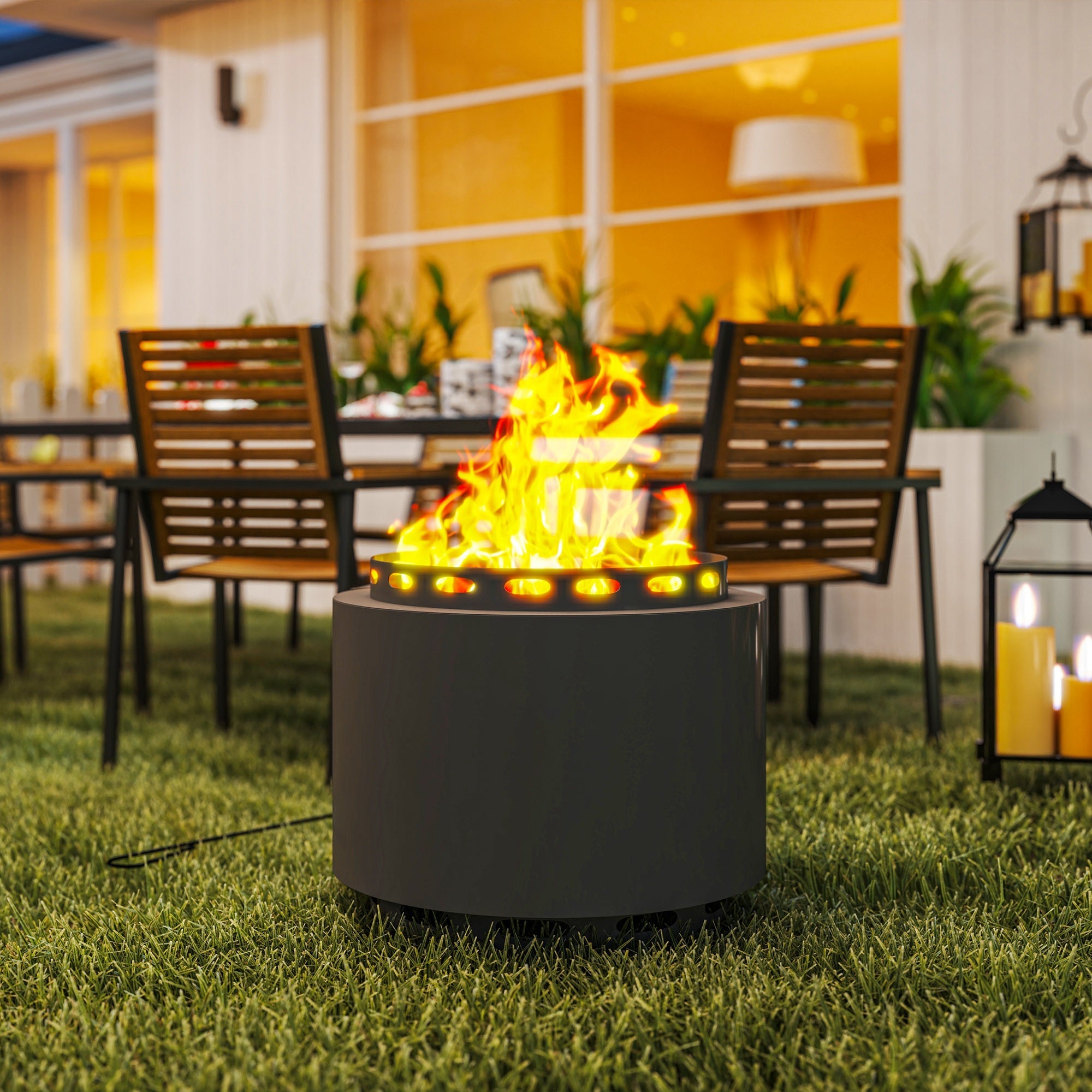 Outsunny Smokeless Fire Pit, 48.5cm Portable Wood Burning Firepit with Poker for Garden Camping Bonfire Party, Metal, Dark Grey 