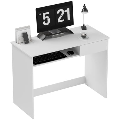 HOMCOM Compact Computer Desk with Keyboard Tray, Home Office Desk with Drawer for Bedroom Study, White 