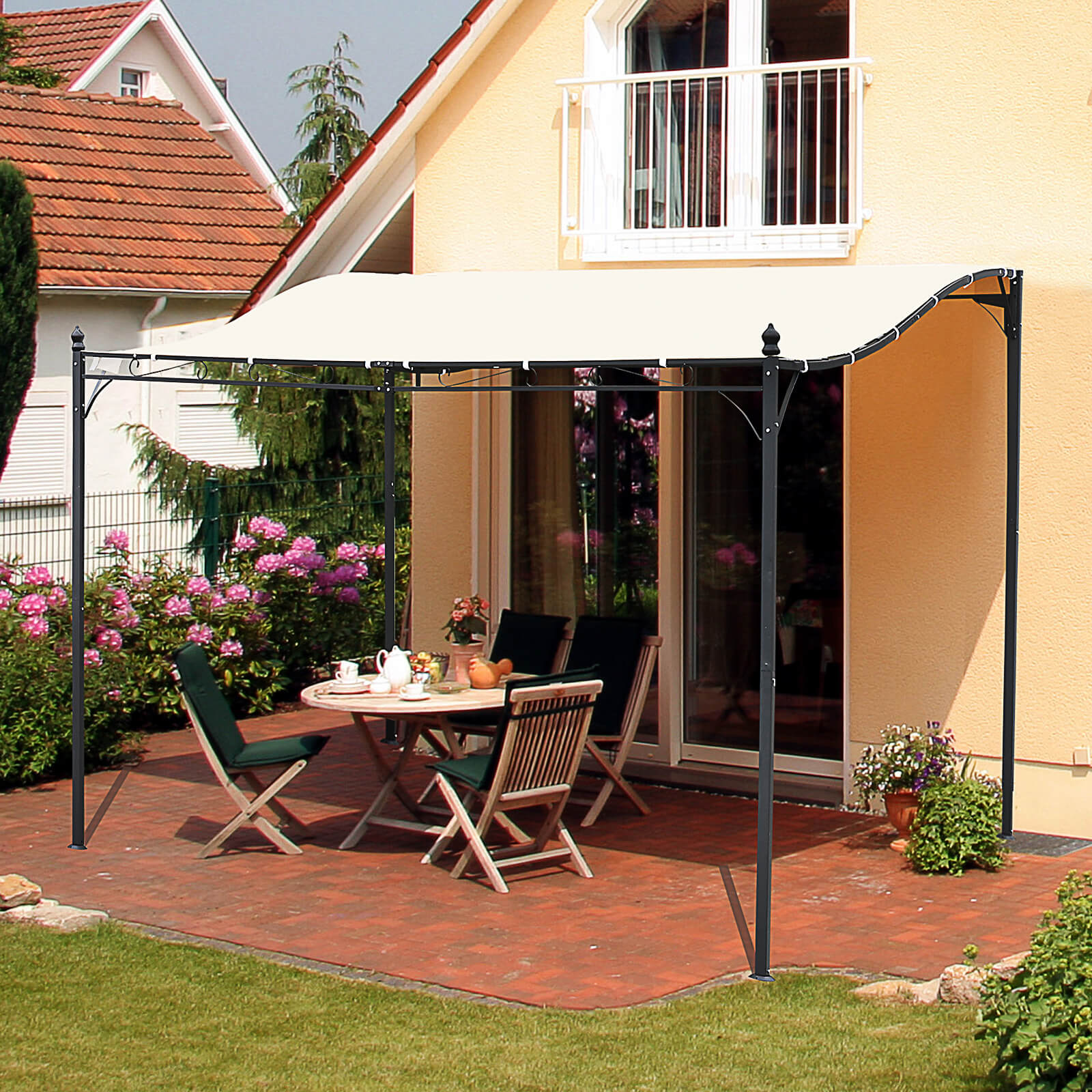 Outsunny 3x3 m Wall Mounted Garden Porch-Black/Cream White 